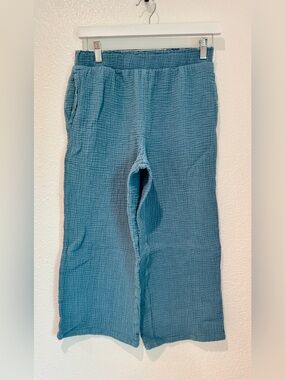 Jessica Simpson Blue Cotton Gauze Wide Leg Cropped Pants Lagenlook Coastal Sz S